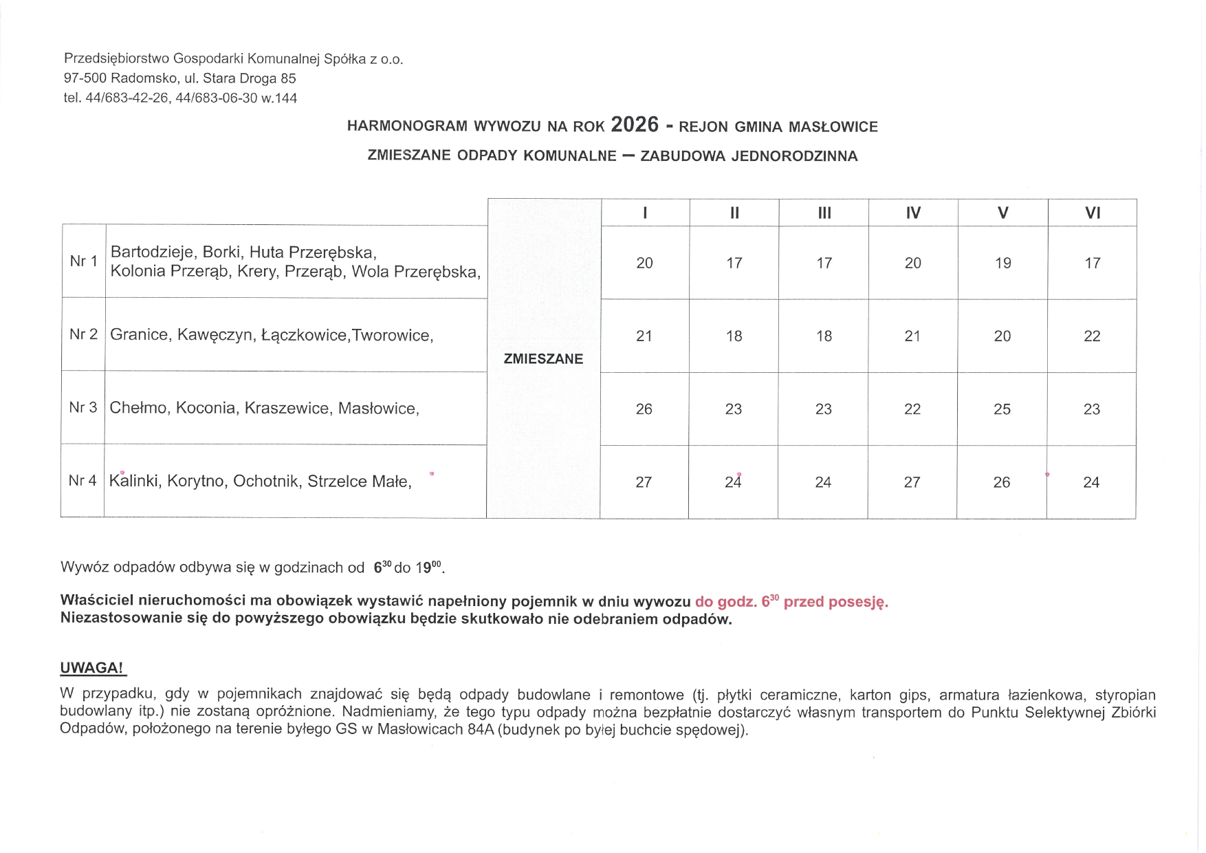 Harmonogram wywozu odpadów komunalnych 2026 page 0001